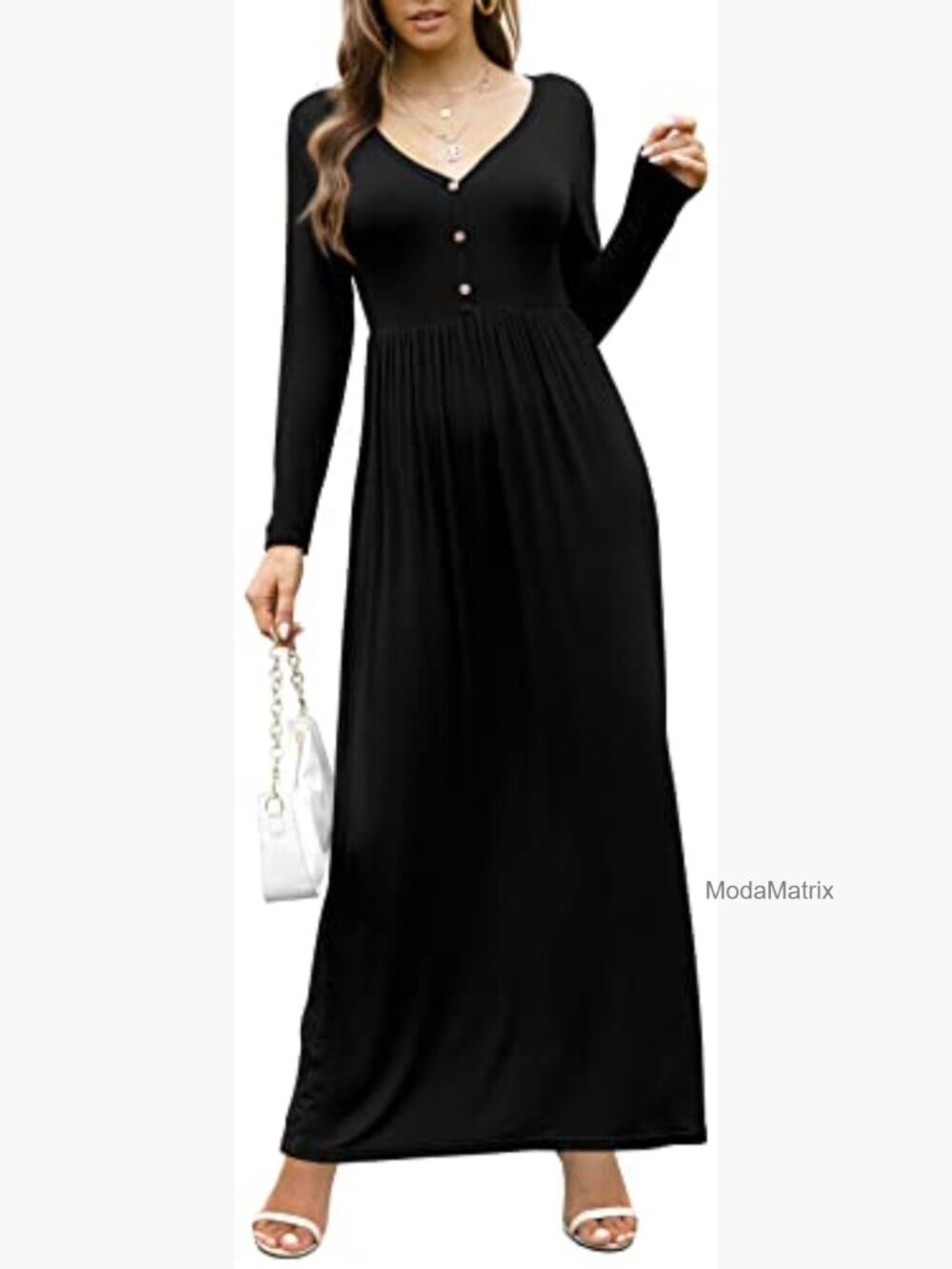 Long Sleeve V Neck Maxi Dress with Pockets - Picture 3 of 7